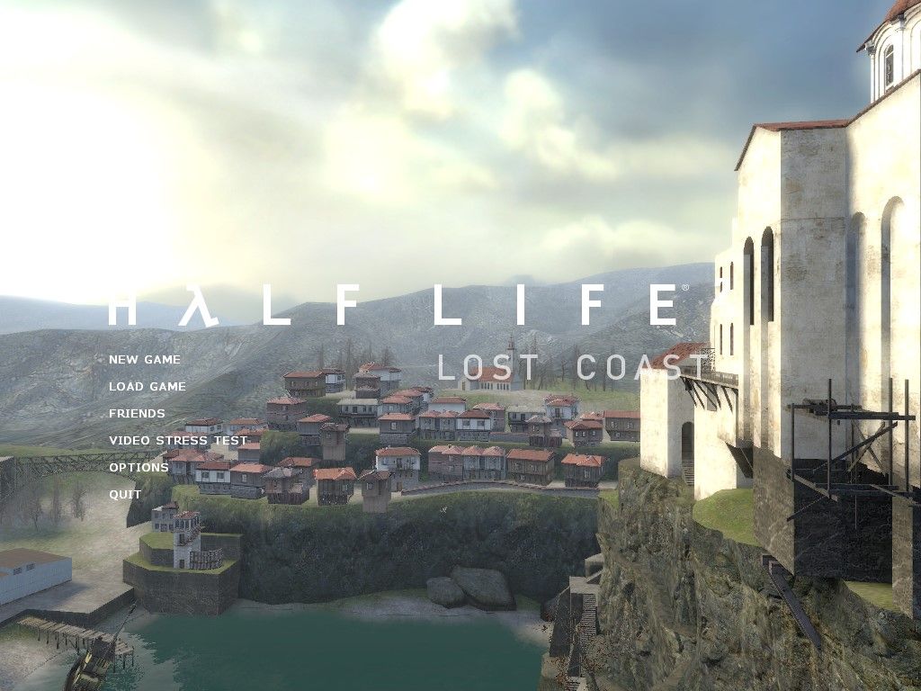 Half-Life 2: Lost Coast (Windows) screenshot: Main menu. Like any other HL2 title, you get a background showing the level.