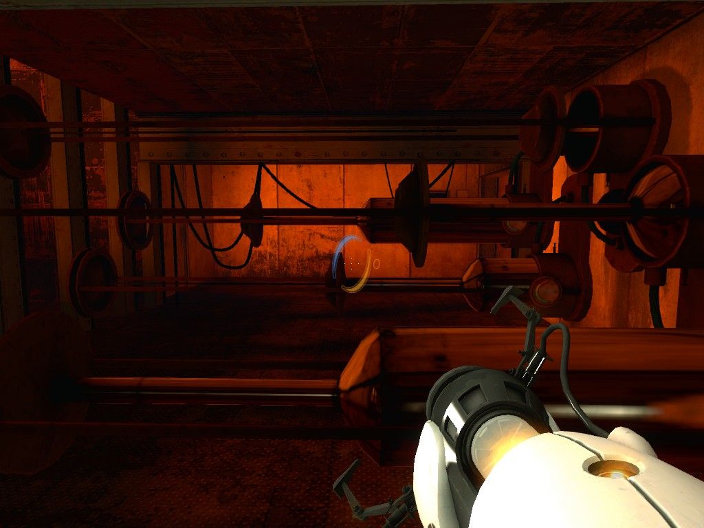 Portal (Windows) screenshot: Now you find yourself in a run-down factory looking area, with GlaDOS taunting you.
