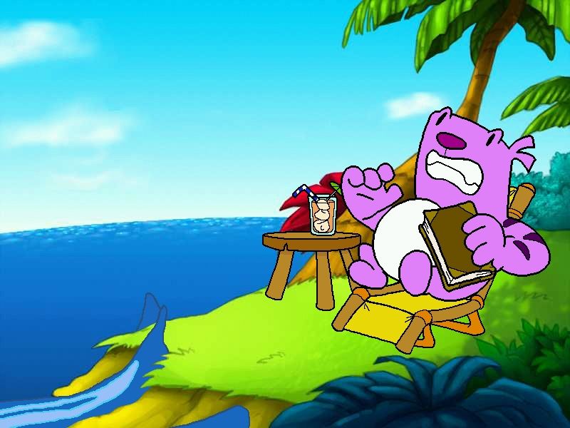 Moop and Dreadly in the Treasure on Bing Bong Island (Windows) screenshot: Moop's peaceful interlude is rudely interrupted by the arrival of Captain Dreadly