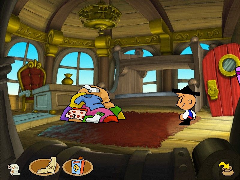 Moop and Dreadly in the Treasure on Bing Bong Island (Windows) screenshot: Why, perhaps this pile of laundry could be useful...