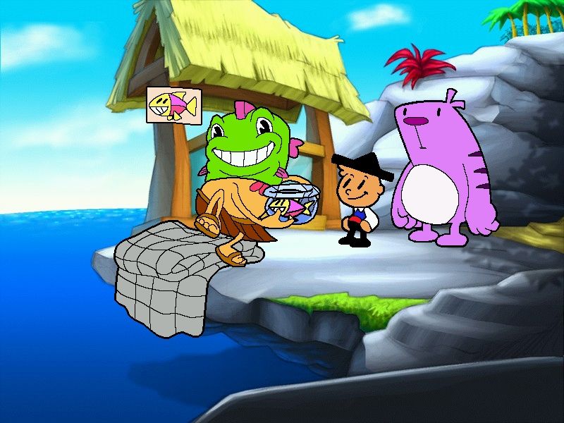 Moop and Dreadly in the Treasure on Bing Bong Island (Windows) screenshot: This fish-masked fellow does a dance of joy when Moop hands him a fish