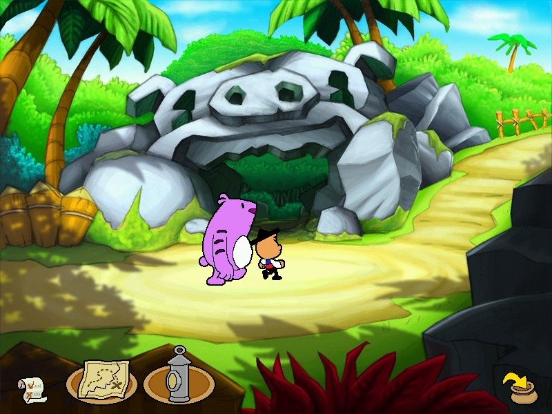 Moop and Dreadly in the Treasure on Bing Bong Island (Windows) screenshot: A pig-faced cave