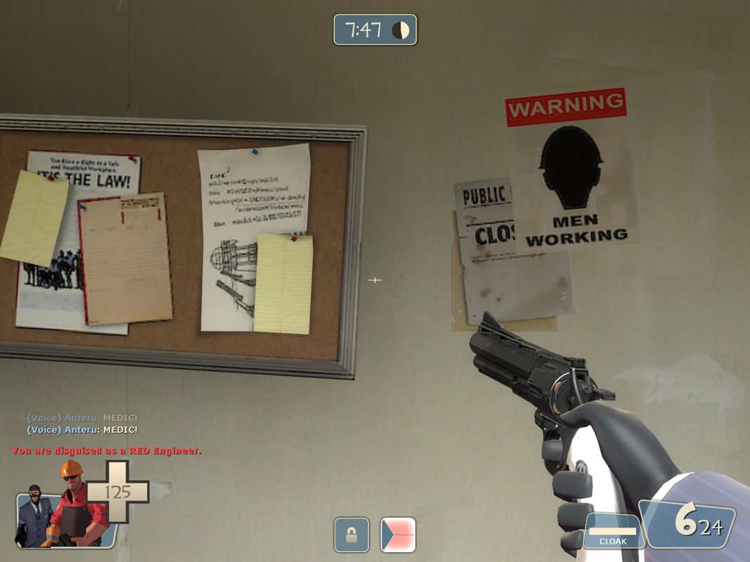 Team Fortress 2 (Windows) screenshot: The walls are cluttered with papers, posters and other stuff.