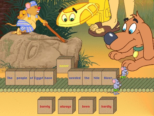 The ClueFinders: 4th Grade Adventures (Windows) screenshot: "I'm not a 'dude", I'm a mouse, see, and we're building a pyramid one sentence at at time..."
