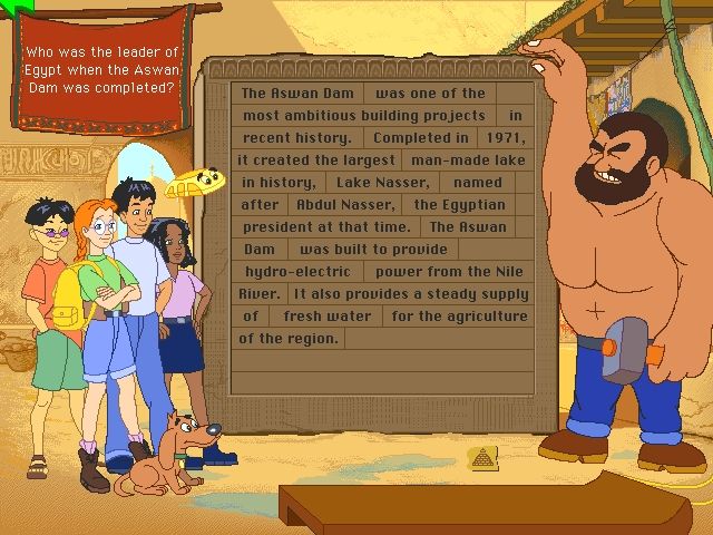 The ClueFinders: 4th Grade Adventures (Windows) screenshot: The answer "bricks" must be removed from the wall and placed on the sledge
