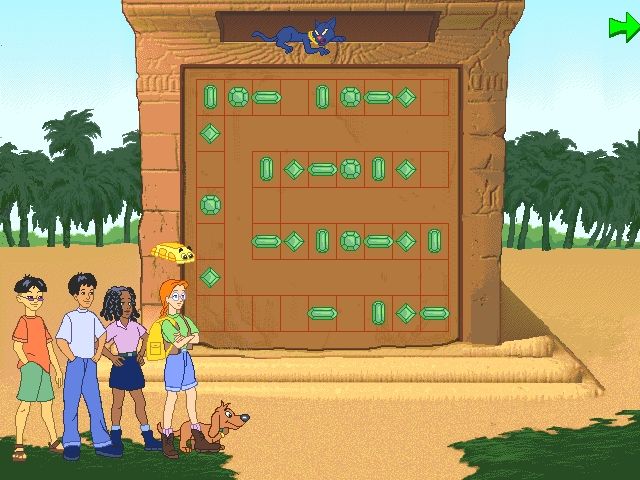 The ClueFinders: 4th Grade Adventures (Windows) screenshot: The blue cat talks, and requires gems!