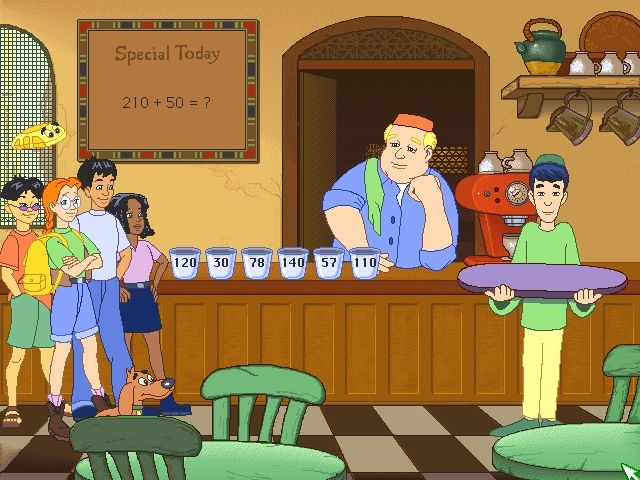 The ClueFinders: 4th Grade Adventures (Windows) screenshot: Adding up cups of coffee; they must have a REALLY big crowd tonight