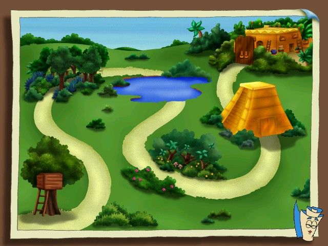 Dora the Explorer: Lost City Adventure (Windows) screenshot: Map shows the route to the Lost City and enjoins the player to remember: pond, pyramid, Lost City.