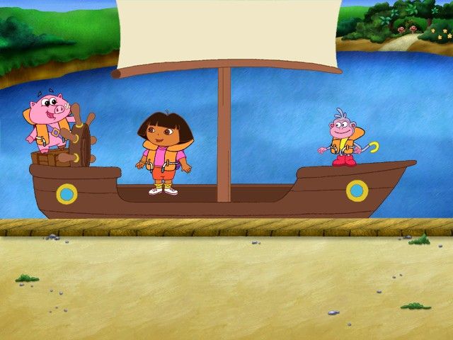 Dora the Explorer: Lost City Adventure (Windows) screenshot: Setting sail across the river, with Pirate Pig at the helm - note the lifejackets.