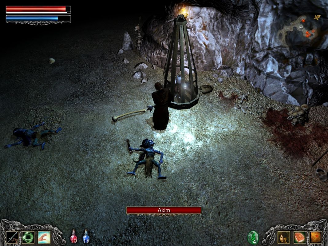 Legend: Hand of God (Windows) screenshot: As always Goblins take little kids to eat them.