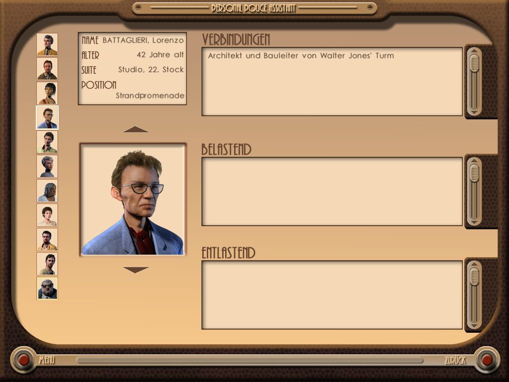 Sinking Island (Windows) screenshot: Your "Personal Police Assistant" keeps track of all suspects.
