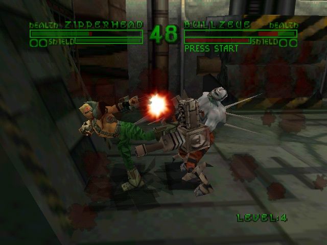 Bio Freaks (Nintendo 64) screenshot: Bullzeye loses an arm from Zipperhed but quickly counterattacks.