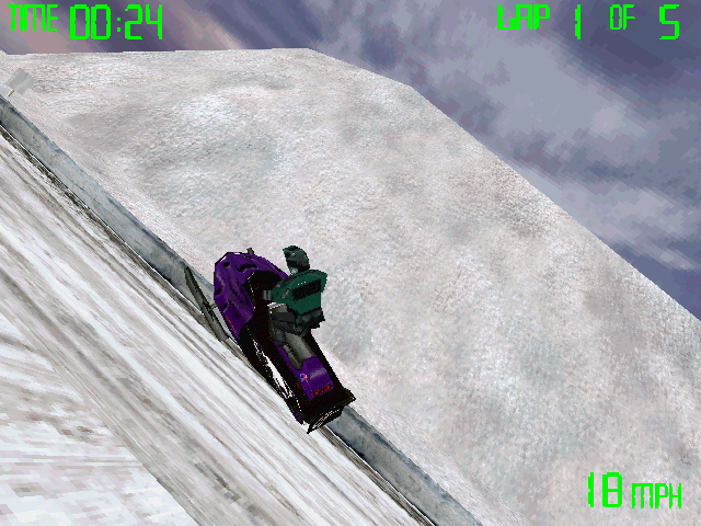 Snowmobile Championship 2000 (Windows) screenshot: TEN FEET OFF THE GROUND! AND IT'S GOING TO HURT!