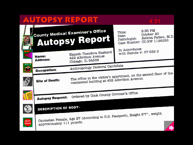 The Magic Death: Virtual Murder 2 (Windows 3.x) screenshot: Autopsy report