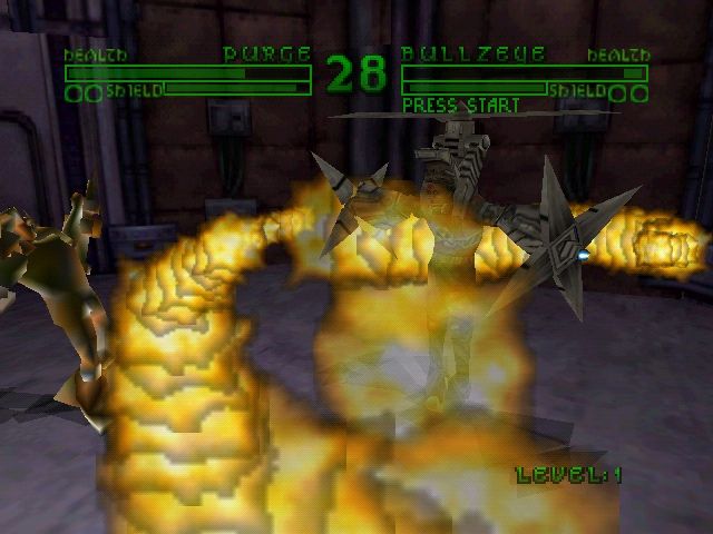 Bio Freaks (Nintendo 64) screenshot: Purge using Burning Pot while Zipperhead's shielding.