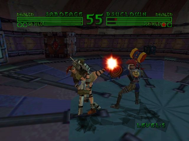 Bio Freaks (Nintendo 64) screenshot: Sabotage high-kicking Psyclown.