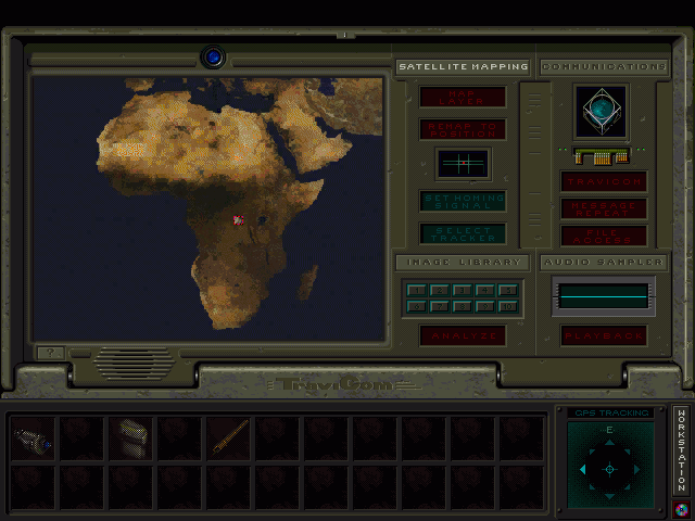 Congo: The Movie - Descent into Zinj (Windows 16-bit) screenshot: Downloading new part of the map from the satellite.