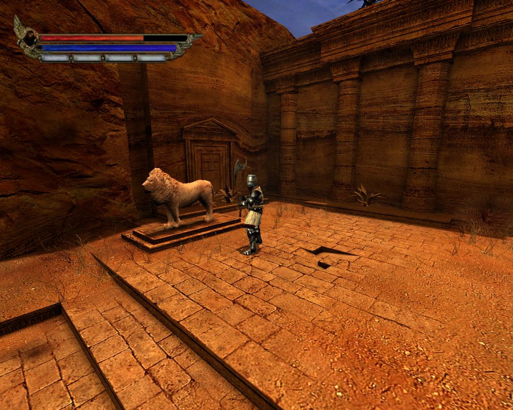 Knights of the Temple: Infernal Crusade (Windows) screenshot: This lion's statue is not just for show.