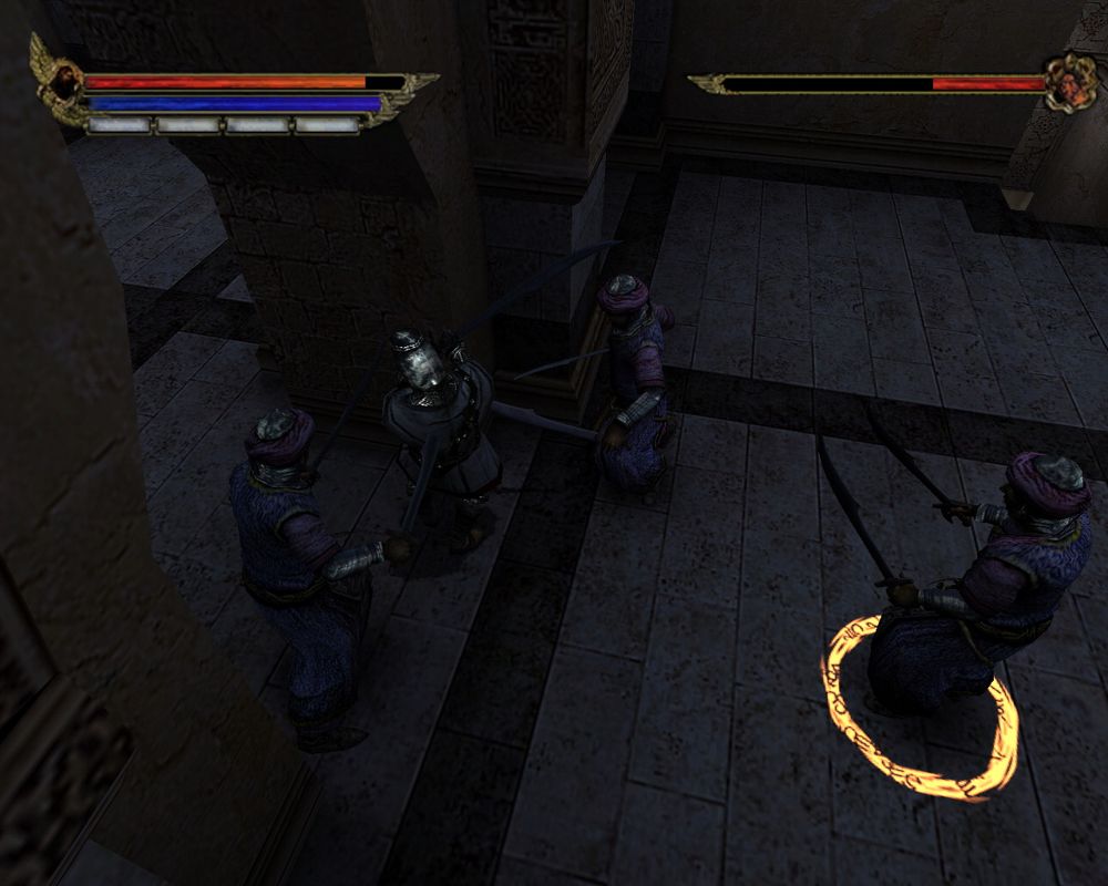 Knights of the Temple: Infernal Crusade (Windows) screenshot: Three against one - that's unfair. They didn't stand a chance!