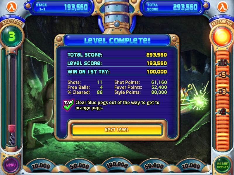 Peggle: Extreme (Windows) screenshot: The detailed statistics at the end of the round.
