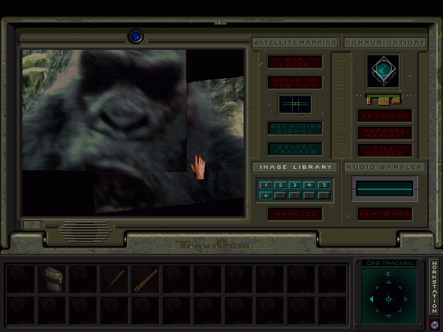 Congo: The Movie - Descent into Zinj (Windows 3.x) screenshot: A blurry image of something resembling a gorilla -- after analyzing.