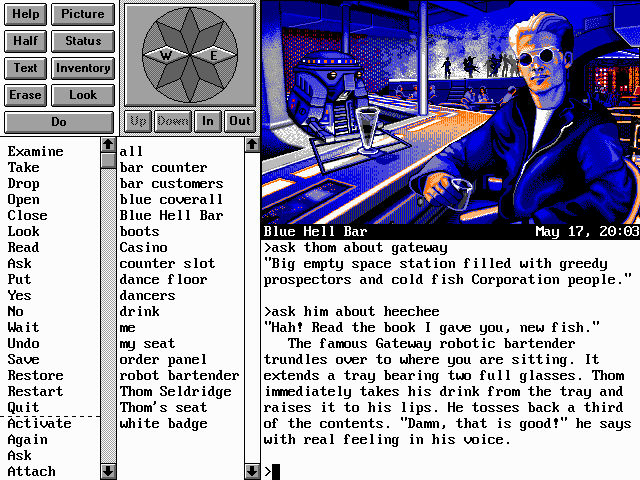 Frederik Pohl's Gateway (DOS) screenshot: Meeting Thom in the Blue Hell Bar