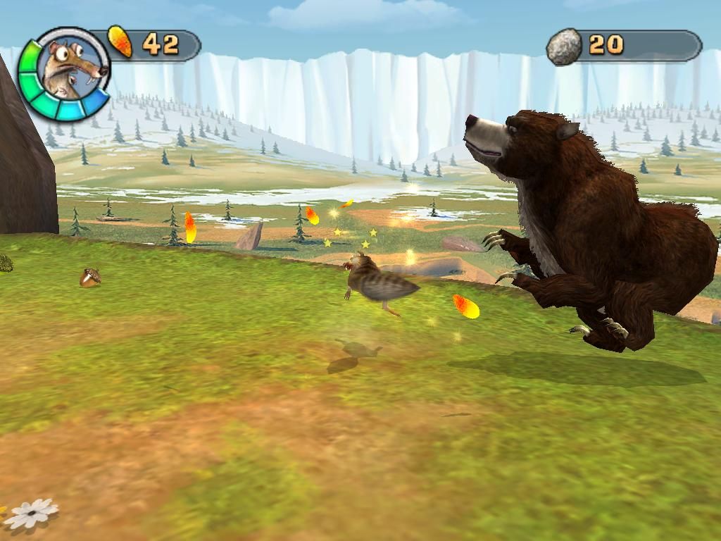 Ice Age 2: The Meltdown (Windows) screenshot: Fighting bear with the beautiful scenery in the background.
