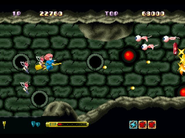 Fantastic Night Dreams: Cotton (PlayStation) screenshot: Fighting with three fairies.