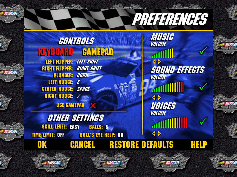 3-D Ultra NASCAR Pinball (Windows) screenshot: Preferences