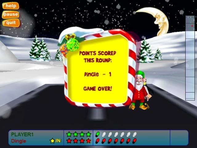 Elf Bowling: Bocce Style (Windows) screenshot: End of the game. Dingle has more points this round than me.