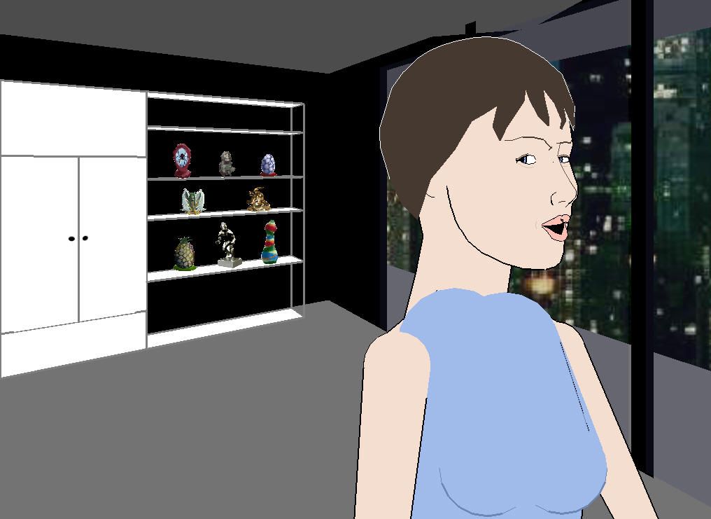 Façade (Windows) screenshot: She speaks over her shoulder to Trip who is off screen, while looking at you.