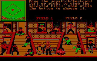 Street Sports Baseball (DOS) screenshot: Game options; you can select a field, and choose players