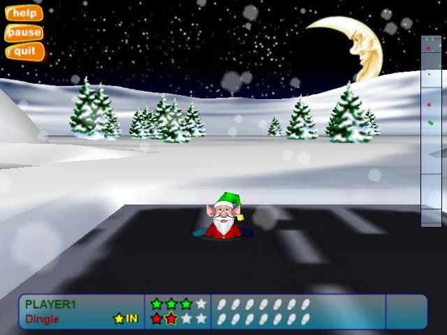 Elf Bowling: Bocce Style (Windows) screenshot: Dingle got an elf all the way to the back of the lane, which isa foul and the elf is removed from the lane.