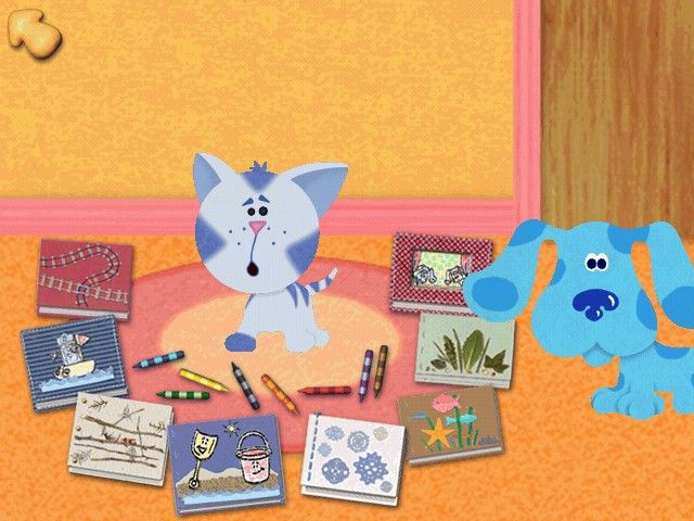 Blue's Clues: Blue's Art Time Activities (Windows) screenshot: Periwinkle, surrounded by books that need finishing