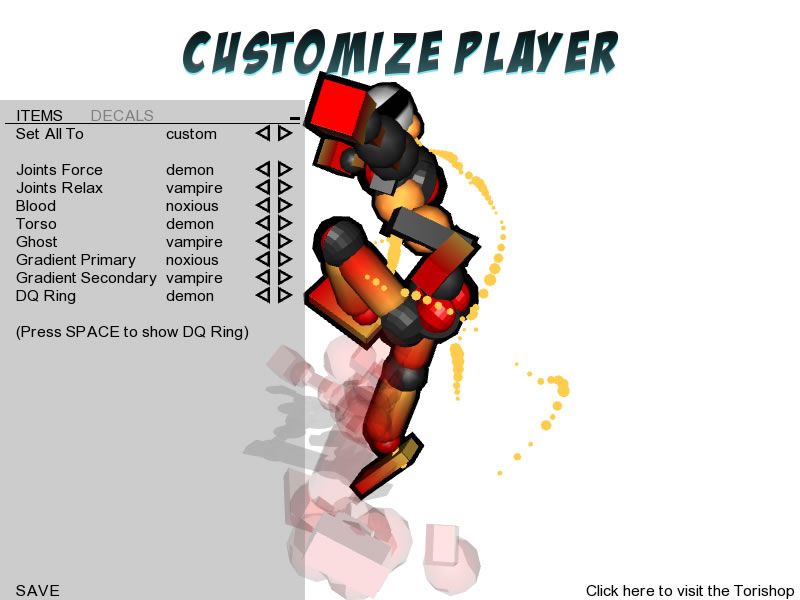 Toribash (Windows) screenshot: Player customization screen