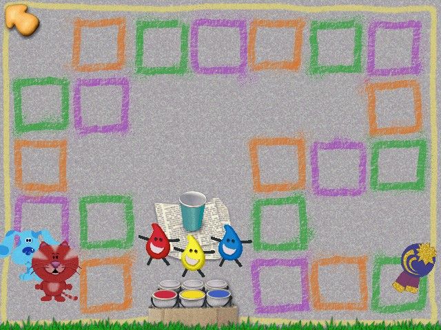 Blue's Clues: Blue's Art Time Activities (Windows) screenshot: Blue must mix colors to match a square to jump to