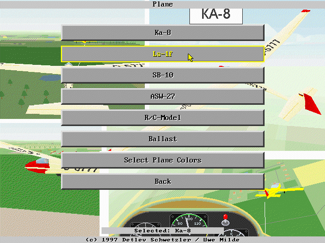 SFS PC 3.0: The Soaring Simulator (DOS) screenshot: Selecting a glider
