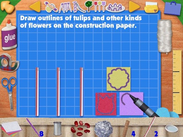 Blue's Clues: Blue's Art Time Activities (Windows) screenshot: Beginning to assemble Al's diorama - Blue does the hard part; drawing flowers