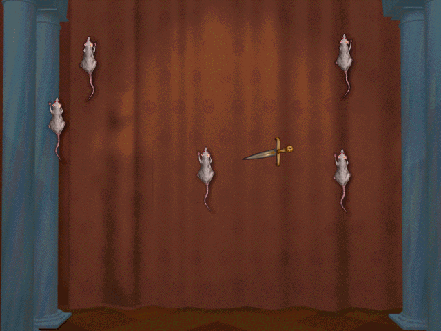 William Shakespeare's Hamlet: A Murder Mystery (Windows) screenshot: There is Polonius behind the curtain, try not to hurt him while killing all the mice.