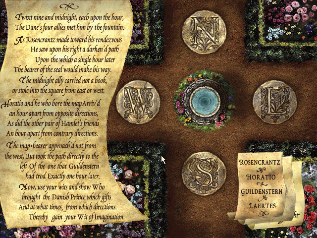 William Shakespeare's Hamlet: A Murder Mystery (Windows) screenshot: The best puzzle in the game. You have to read the lines of the poem to determine the details of the occasion.