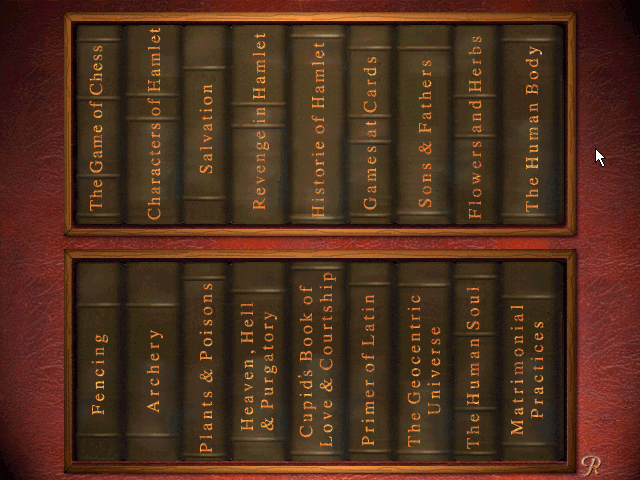 William Shakespeare's Hamlet: A Murder Mystery (Windows) screenshot: Books of Lore provide info on various topics covered in play and game, as well as providing clues to some puzzles.