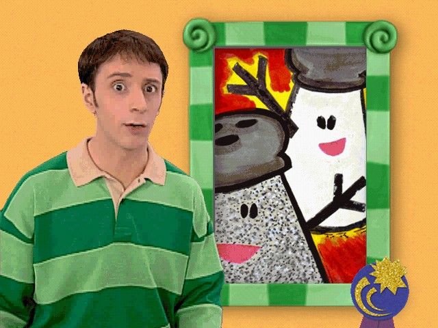 Blue's Clues: Blue's Art Time Activities (Windows) screenshot: Blue awards this ribbon to Steve's terrific painting