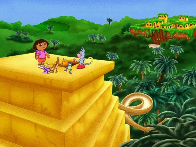 Dora the Explorer: Lost City Adventure (Windows) screenshot: Atop the Pyramid - as each game is completed the player is serenaded by this little trio.