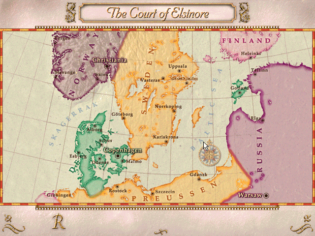 William Shakespeare's Hamlet: A Murder Mystery (Windows) screenshot: Map section in the beginning of the game gives an overview of the situation Denmark was facing in the 15th-century.