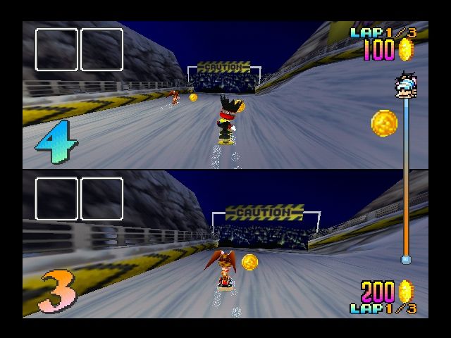 Snowboard Kids (Nintendo 64) screenshot: 2-player game on Night Highway