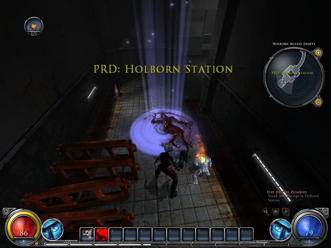 Hellgate: London (Windows) screenshot: These portals are used as a fast way to the train station.