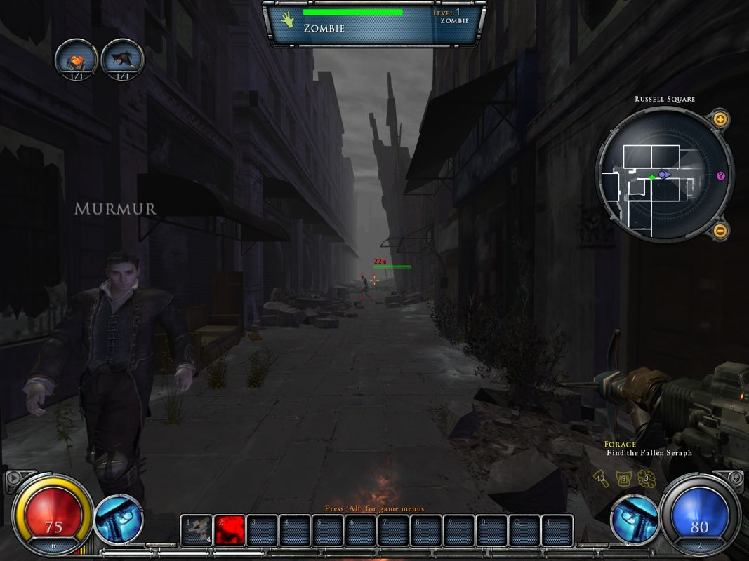 Hellgate: London (Windows) screenshot: You need to protect Murmur from the zombies.