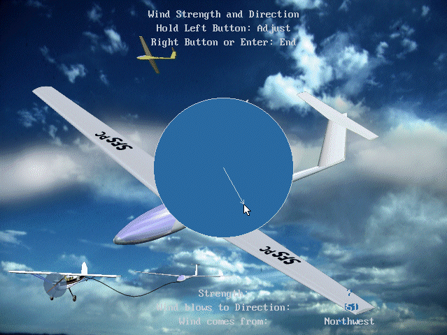 SFS PC 3.0: The Soaring Simulator (DOS) screenshot: Setting wind direction and strength