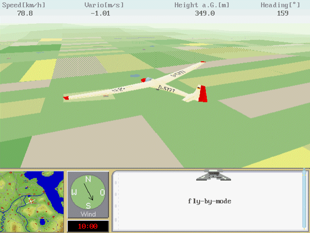 SFS PC 3.0: The Soaring Simulator (DOS) screenshot: A fly-by viewpoint