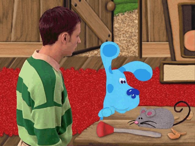 Blue's Clues: Blue's Treasure Hunt (Windows) screenshot: A large spider running by scared the numbers right off this mouse's clock.